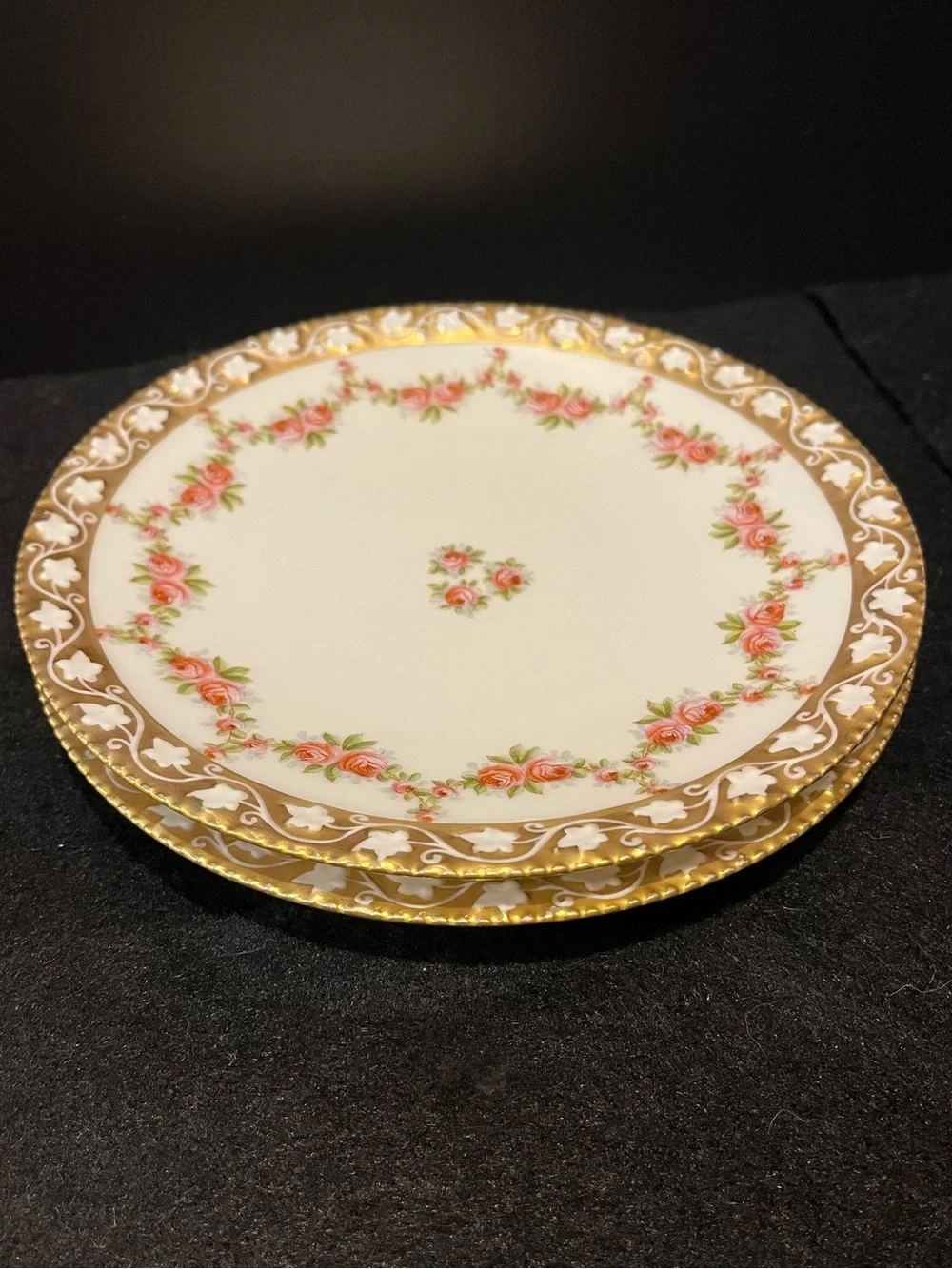 VTG T & V France Elegant Dainty Rose-Patterned Gold Rim 7” Plates White and Pink